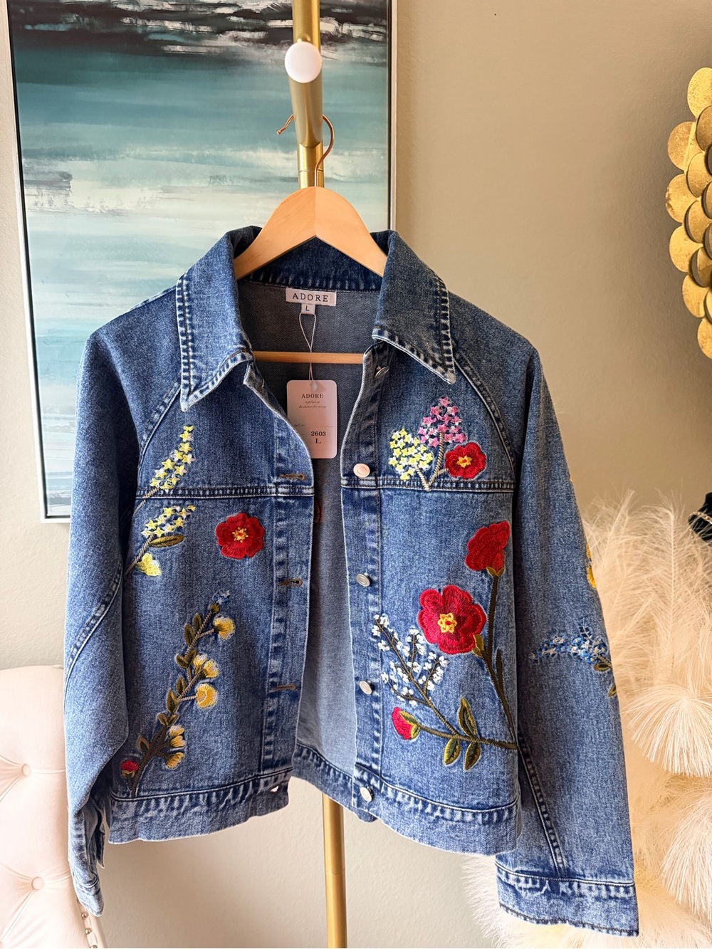 Adore XL Floral Embroidered Denim Jacket Boutique Statement Piece NWT - Picture 13 of 16